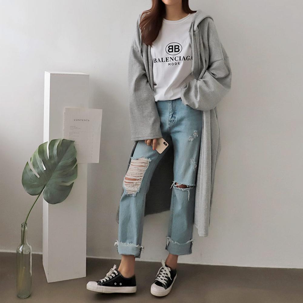 빅사이즈가디건 후드 롱가디건 여성 로브 박스 면 가디건 그레이 블랙 이미지 3
