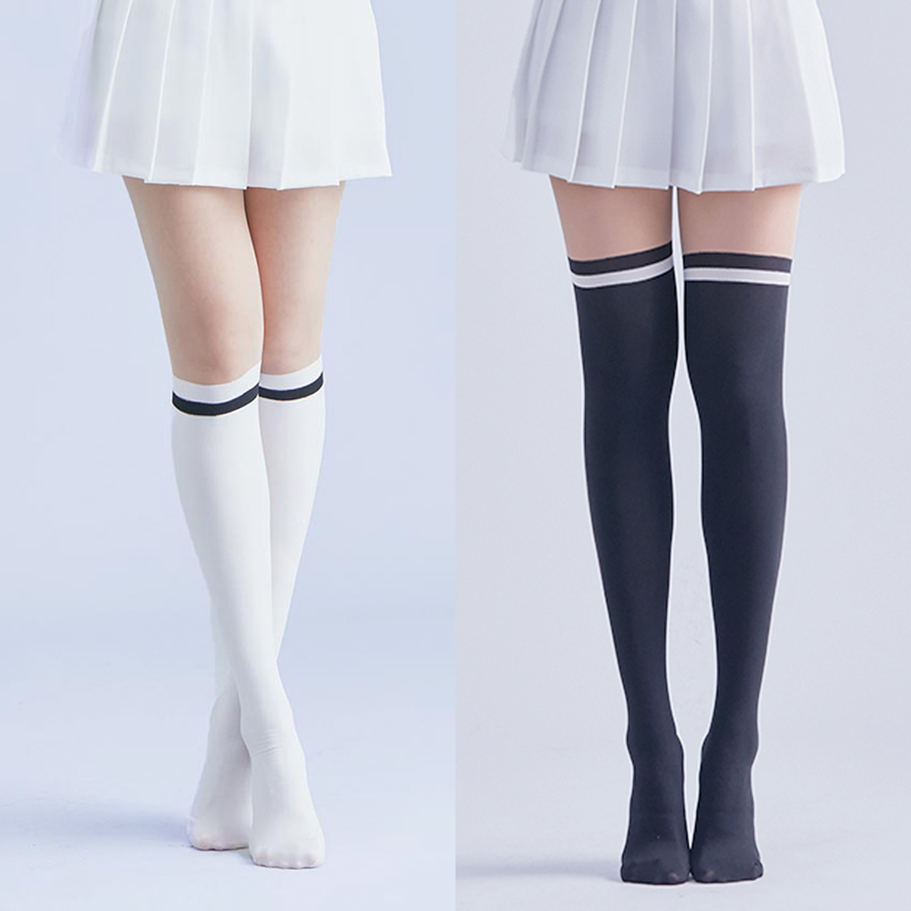 여성 골프스타킹 투톤 스트라이프 논슬립  자외선차단 니삭스 화이트 15D 기모