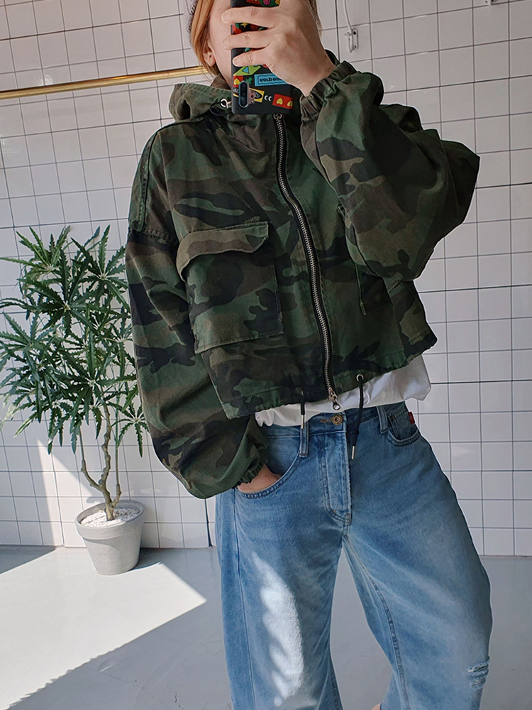 카모 크롭 후드 집업 점퍼