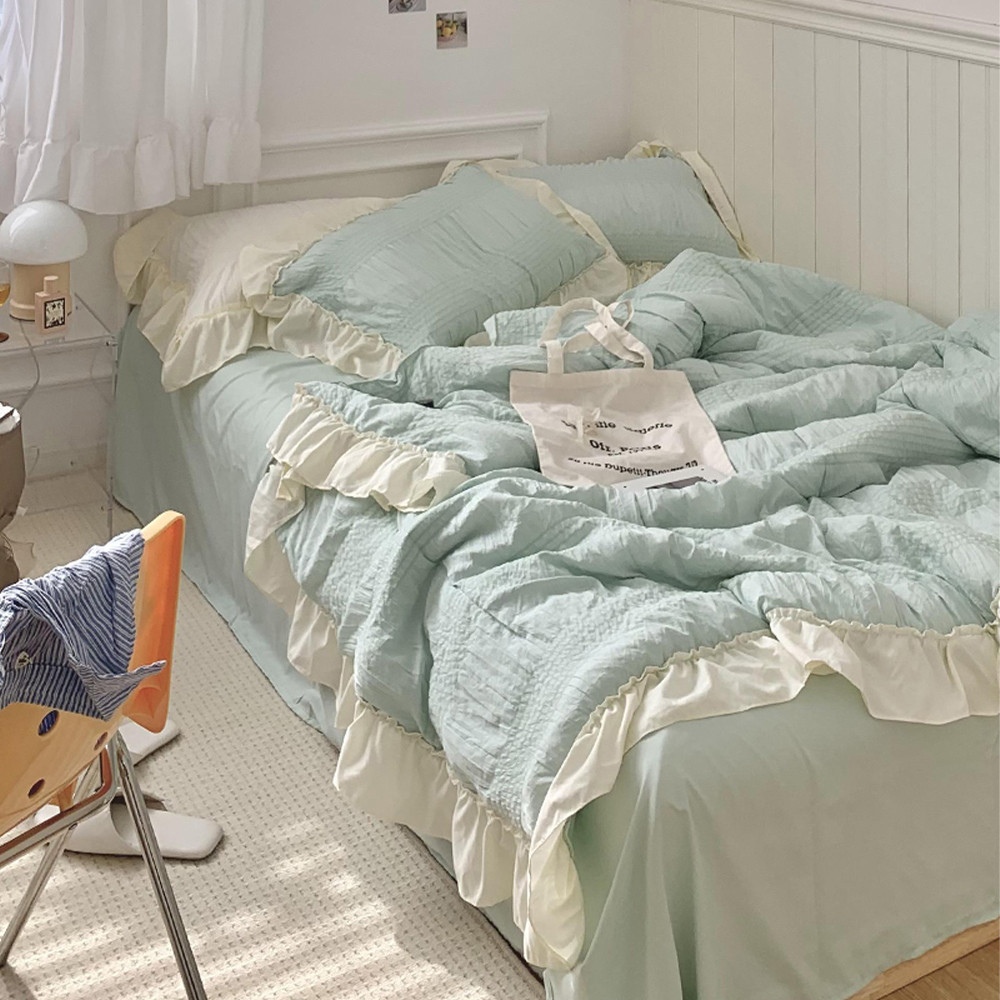 여름 차렵 프릴 이불 세트 민트 슈퍼 싱글