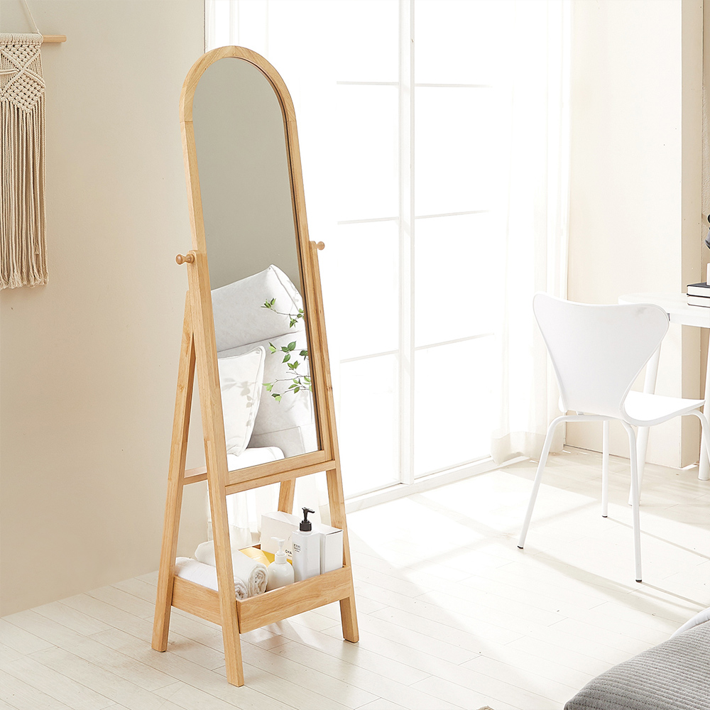 원더링 고무나무 원목 타원형 아치형 수납 선반 스탠드 전신거울 430