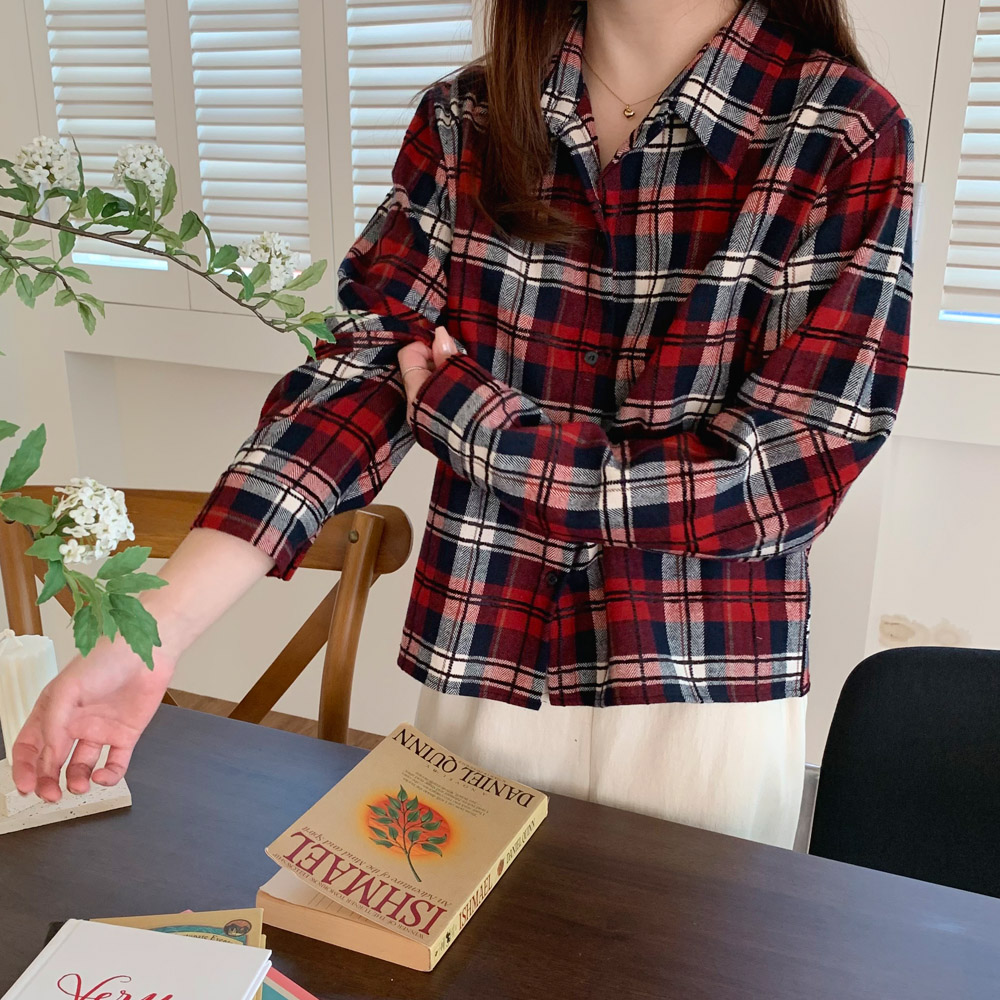 여성 셔츠 여자 체크 남방 세미 크롭 셔츠 블라우스 기모 가을 겨울 남방 레드 그린 - 상세 이미지 2