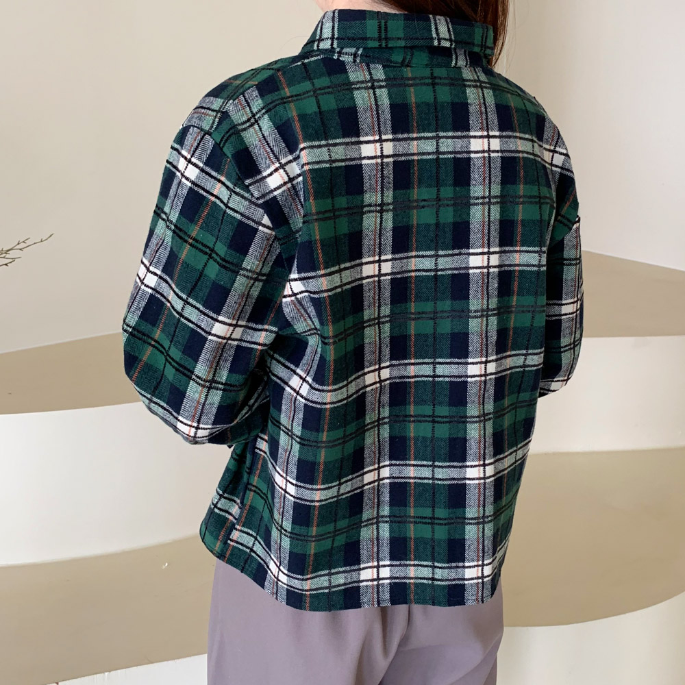 여성 셔츠 여자 체크 남방 세미 크롭 셔츠 블라우스 기모 가을 겨울 남방 레드 그린 이미지 6