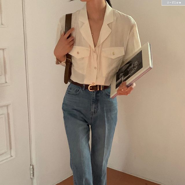더드 금장버튼 카라 브이넥 새틴 블라우스 4col 가을 봄 포켓 하객 제이플로우 이미지 6