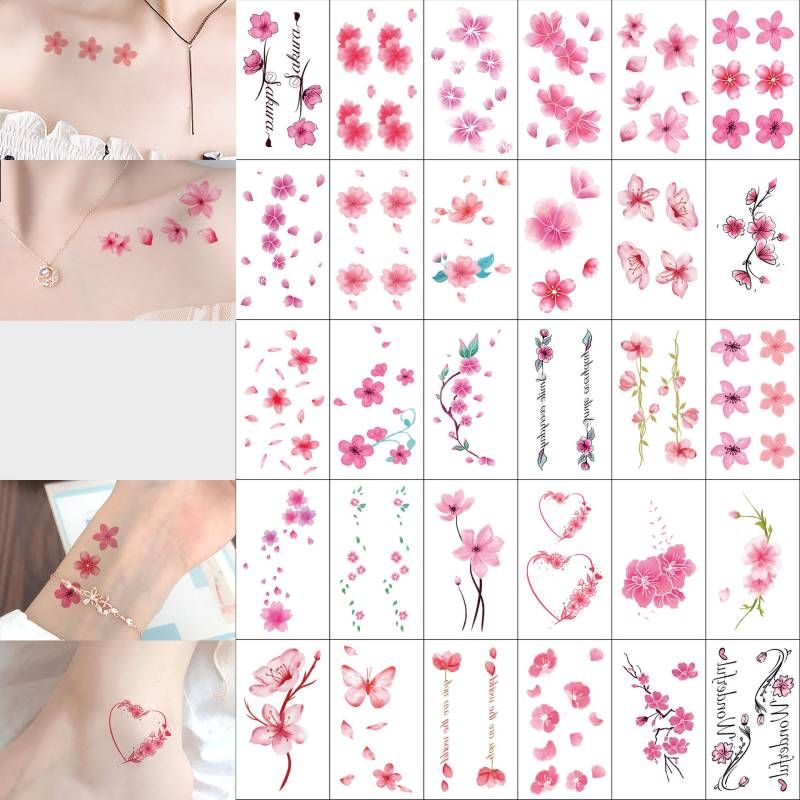 벚꽃 피안화 꽃 수채화 타투 스티커 인스턴트 헤나 도안 대형 컬러 문신 판박이 - 상품 이미지