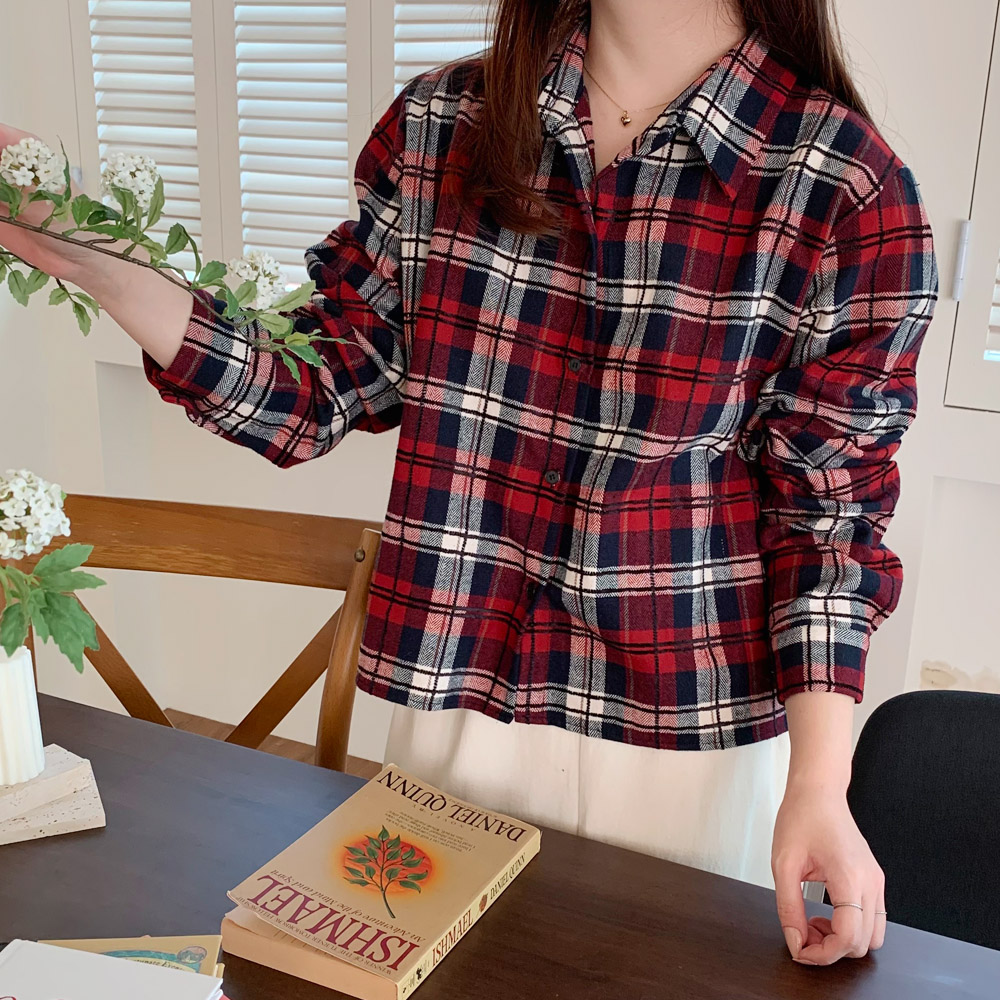 여성 셔츠 여자 체크 남방 세미 크롭 셔츠 블라우스 기모 가을 겨울 남방 레드 그린