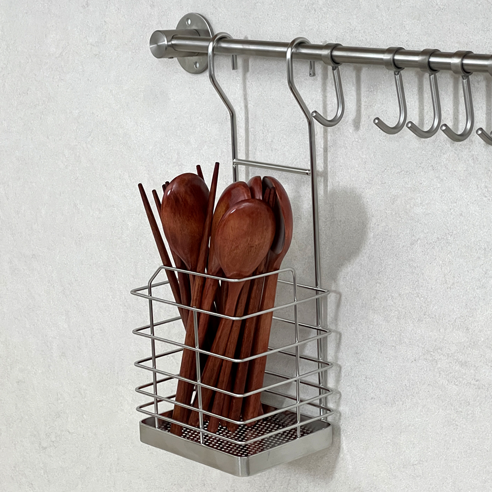 걸이형 스텐 물빠짐 사각 수저통 수저꽂이 기구통 조리 도구통 싱크대 보관함 정리함 숟가락