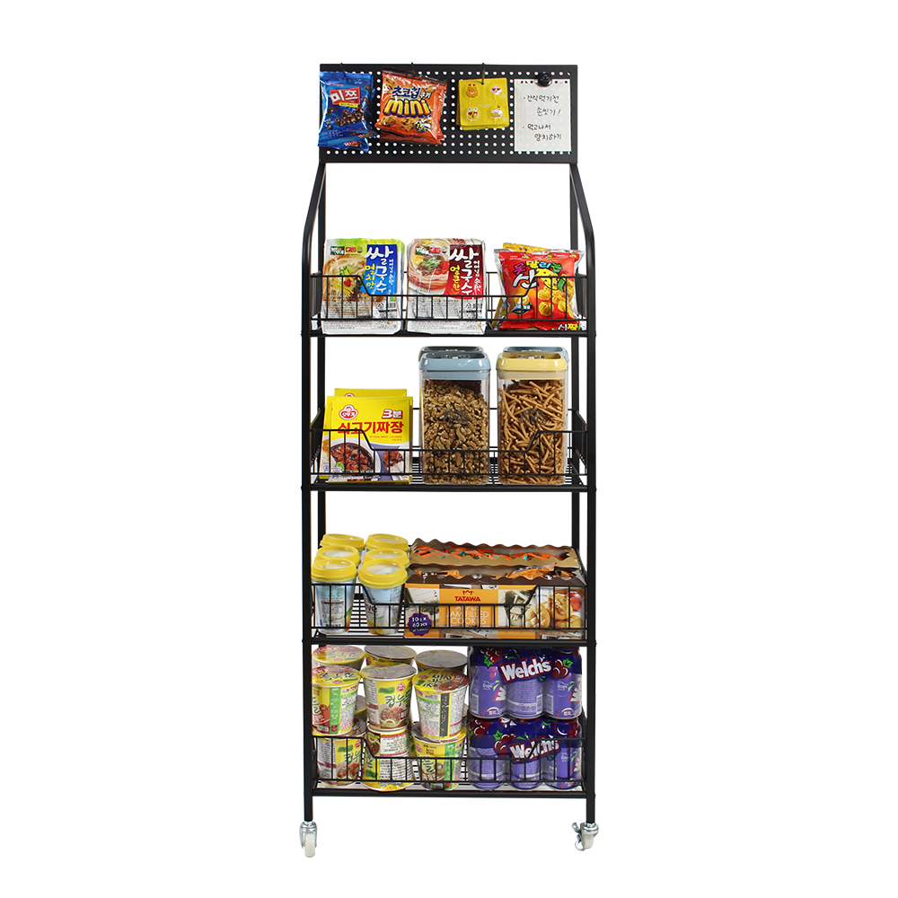 간식팬트리 바퀴 포함 간식 과자 진열대 타공판 철제선반 이동식 트롤리 4단, 50x140x27, 4단 화이트