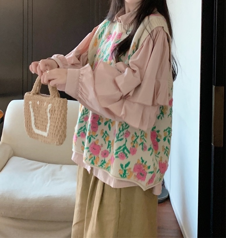 여자여자몰 부클플라워 오버핏 니트조끼 가을 베스트 겨울 셔츠레이어드 - 상세 이미지 4