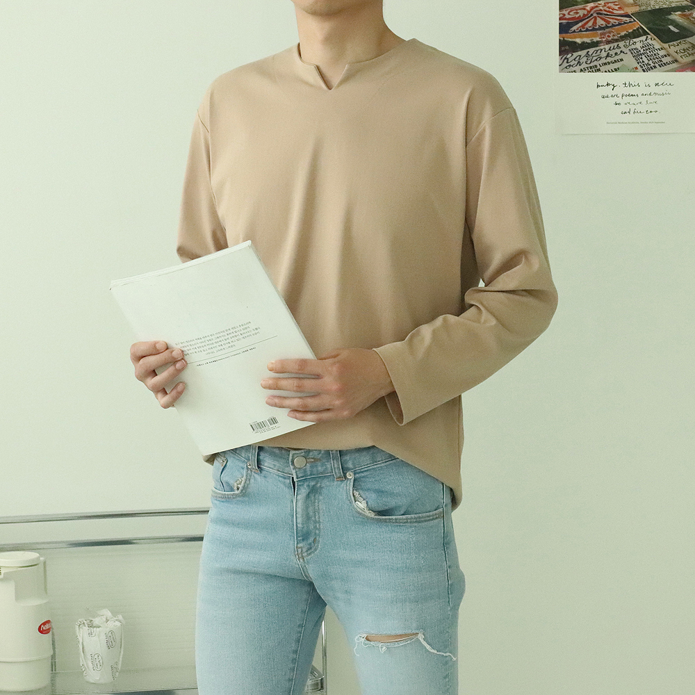 1+1 남자긴팔티 브이넥 분또 티셔츠 이미지 4