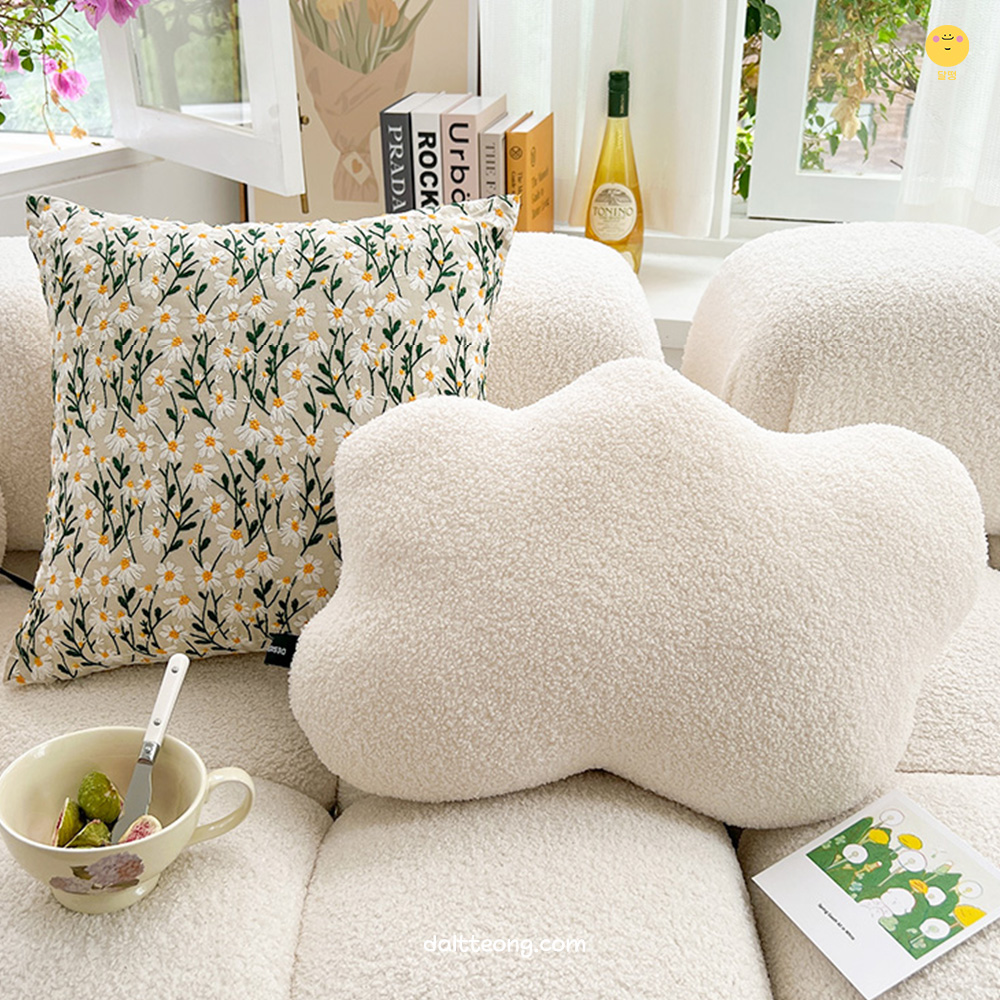 달떵 화이트 플라워 니트 원형 쿠션 북유럽 거실 쇼파쿠션 인테리어