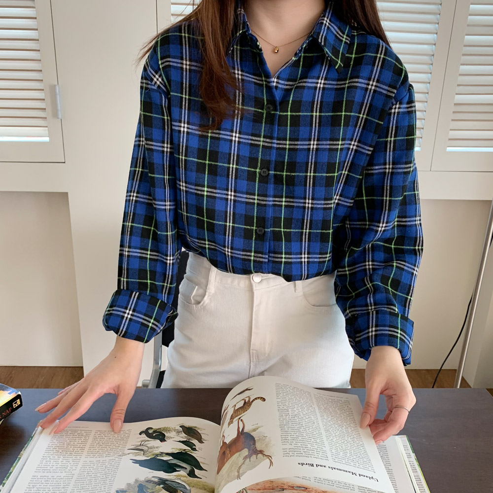 여자 체크 남방 피치 기모 여성 셔츠 블라우스 간절기룩 봄 가을 블루 보라색 레드 옐로우 이미지 6