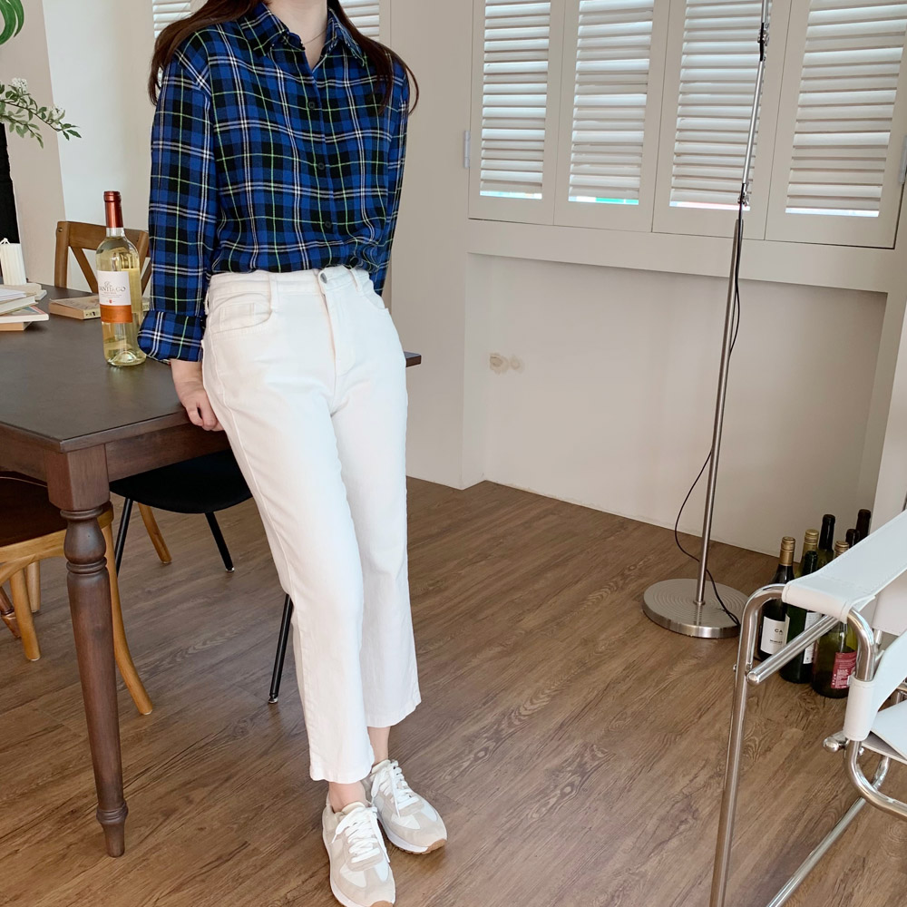 여자 체크 남방 피치 기모 여성 셔츠 블라우스 간절기룩 봄 가을 블루 보라색 레드 옐로우 이미지 7