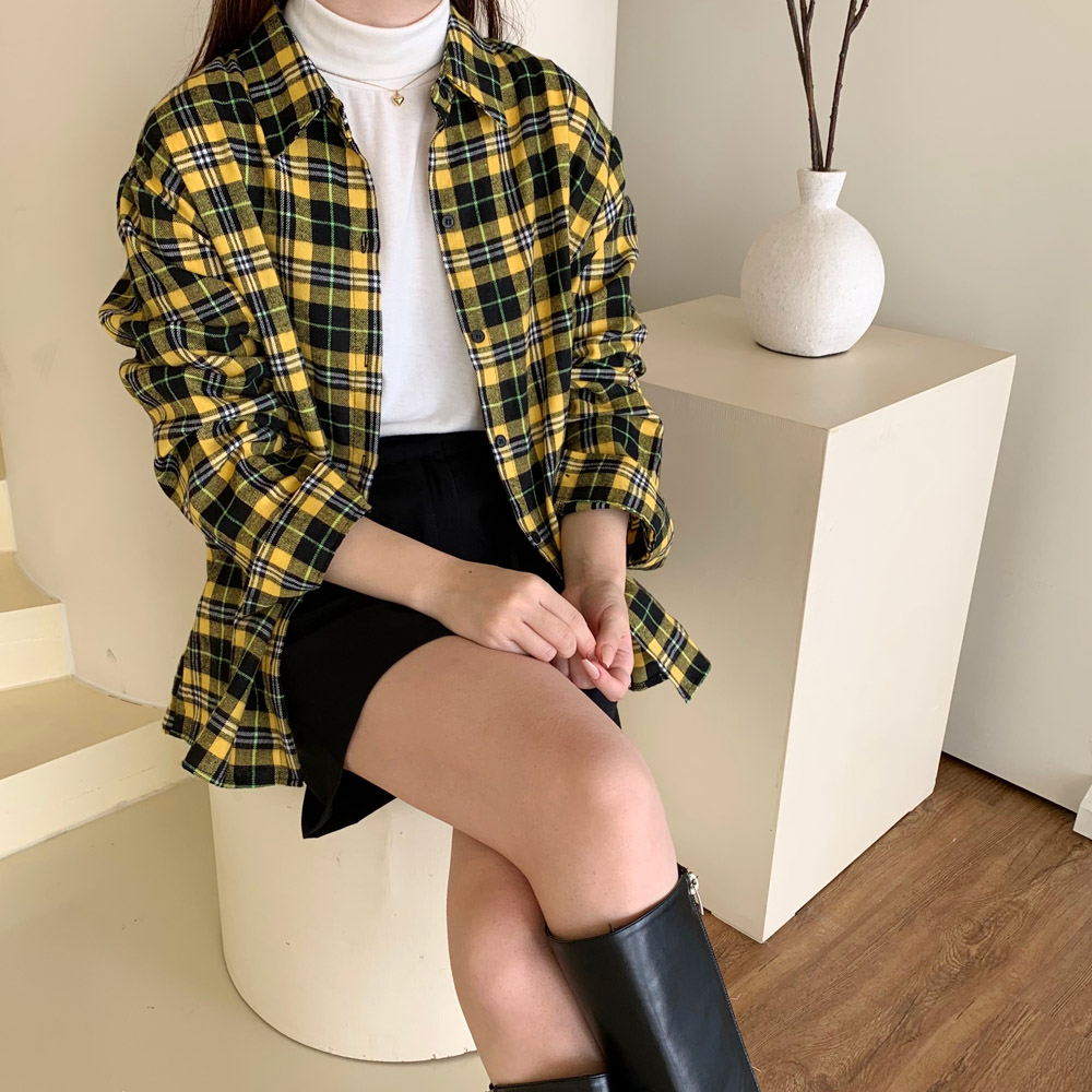 여자 체크 남방 피치 기모 여성 셔츠 블라우스 간절기룩 봄 가을 블루 보라색 레드 옐로우 - 상세 이미지 2