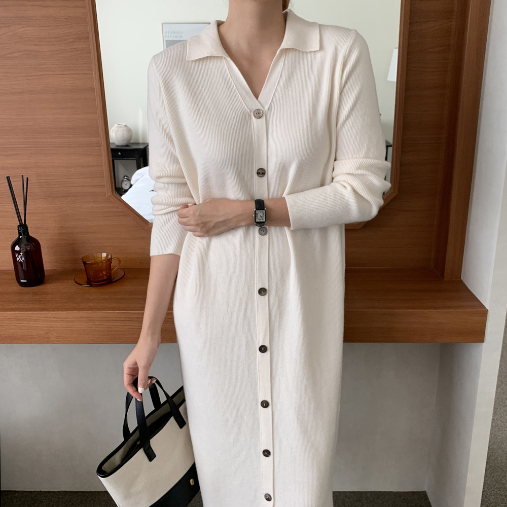 루즈핏 오픈 카라 골지 니트 원피스 롱 원피스 여성 가을 H라인 베이지 블랙