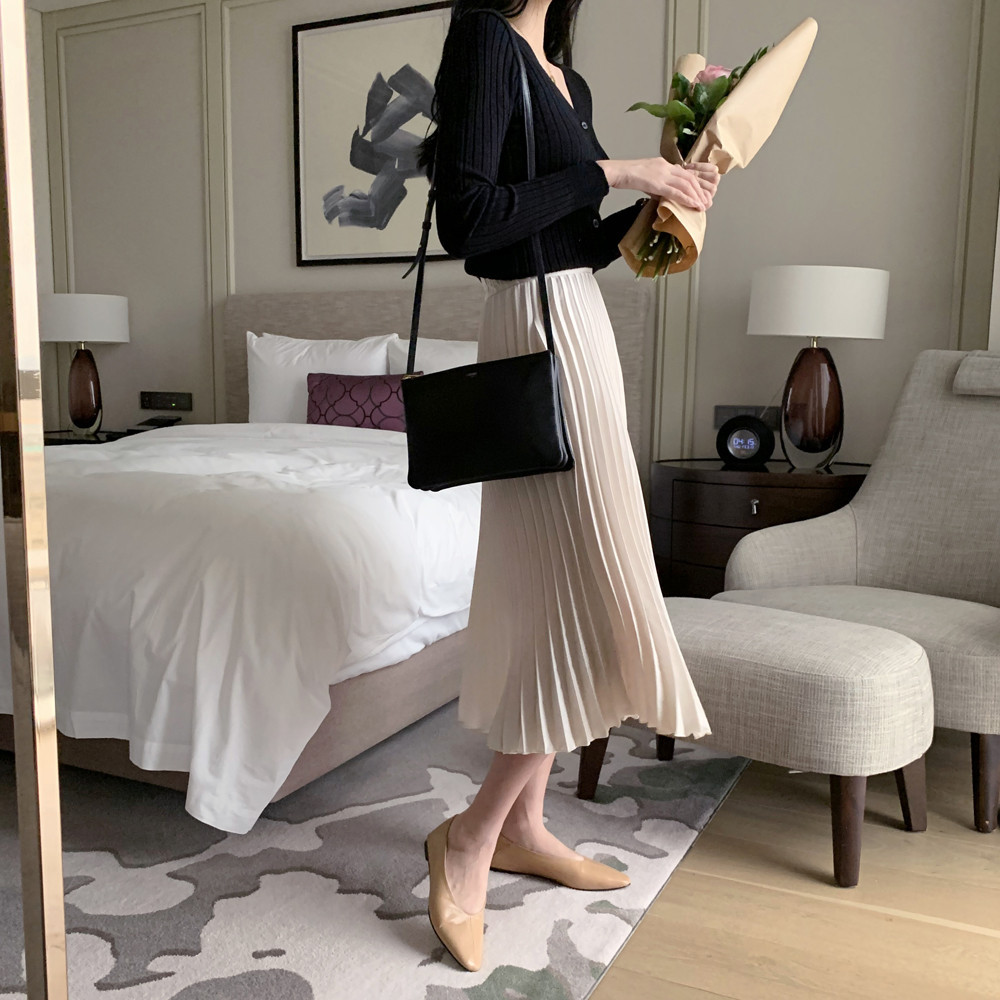 하이웨스트 플레어 플리츠 스커트 A라인 새틴치마 밴딩 주름스커트 봄 여성 롱 스커트