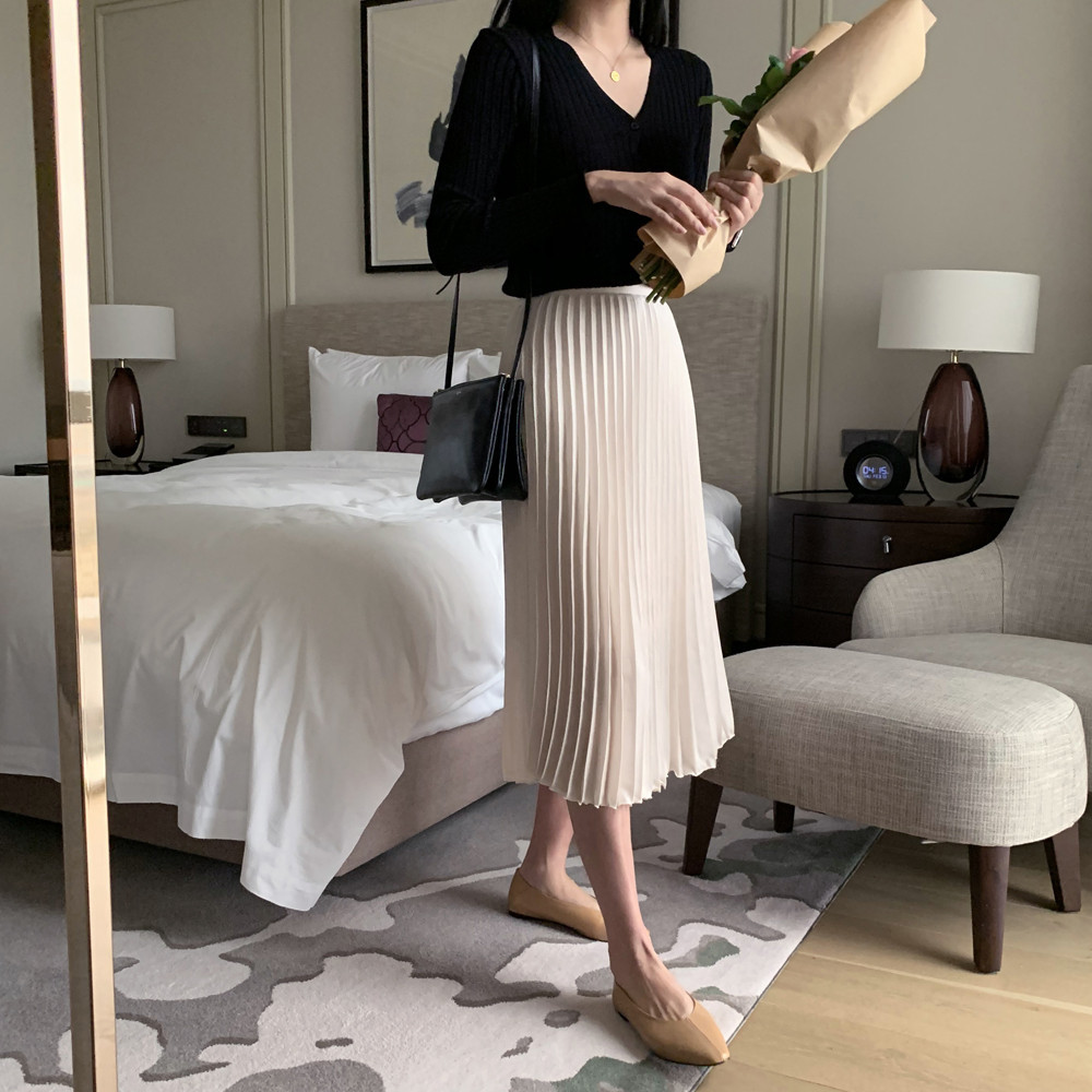 하이웨스트 플레어 플리츠 스커트 A라인 새틴치마 밴딩 주름스커트 봄 여성 롱 스커트 - 상세 이미지 4