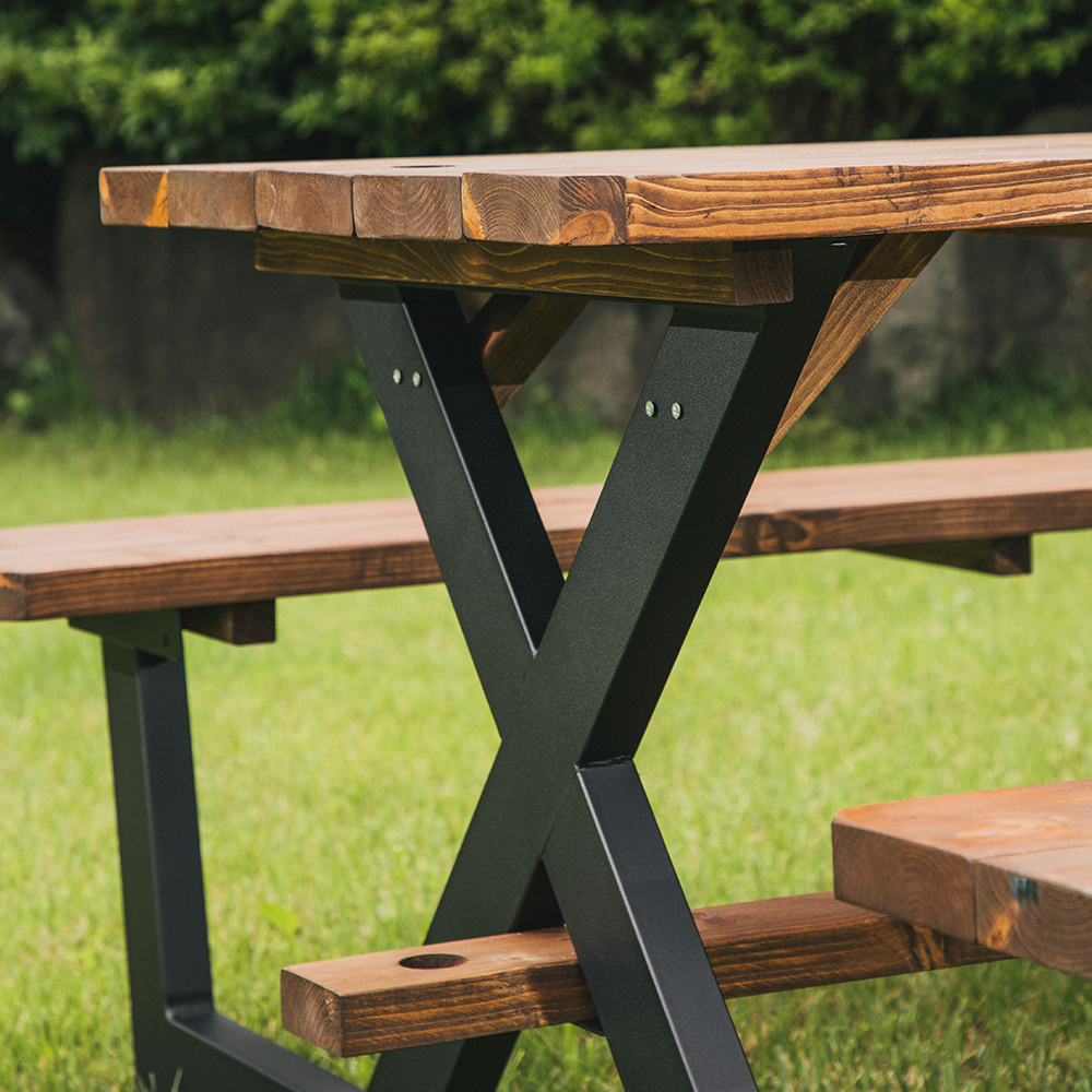 [강철]야외테이블세트 피크닉 나무 가든데크 한쪽등받이 4인월넛색