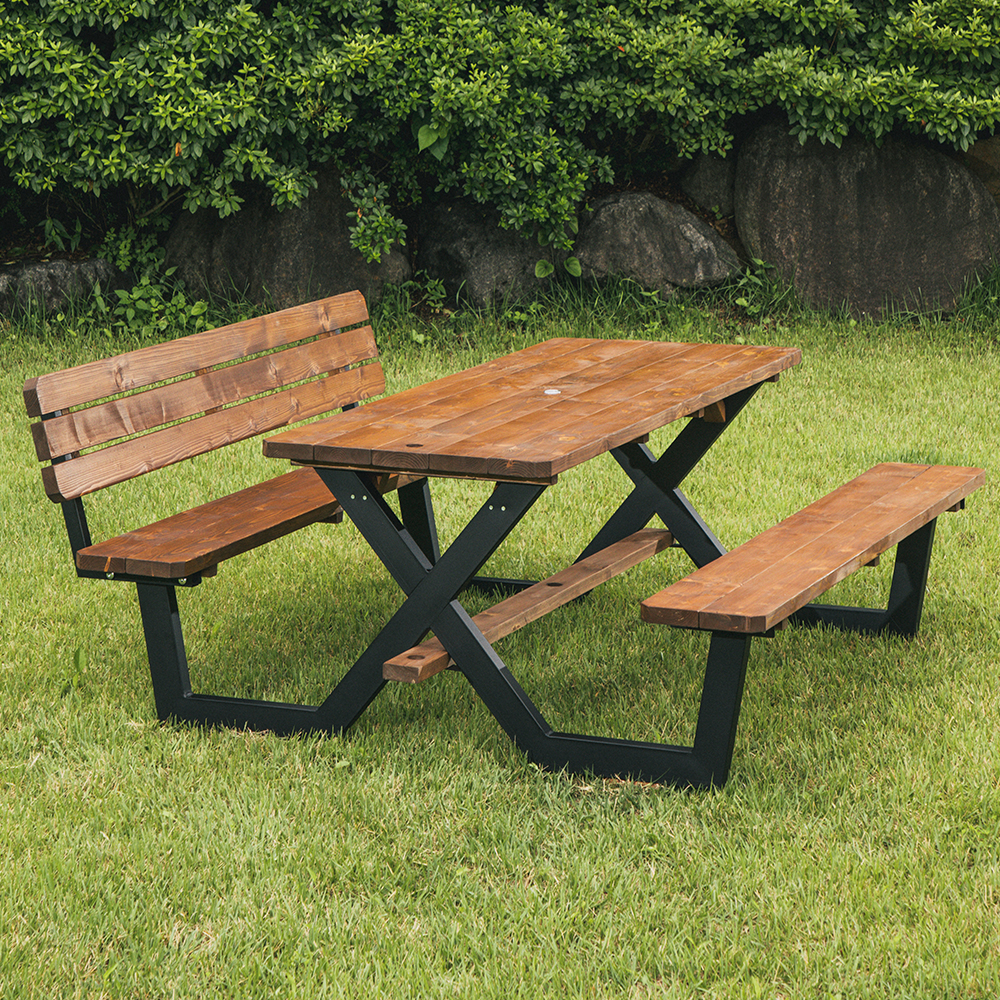 [강철]야외테이블세트 피크닉 나무 가든데크 한쪽등받이 4인월넛색