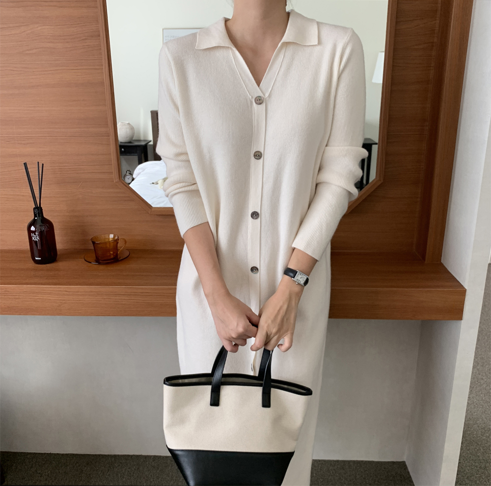 루즈핏 오픈 카라 골지 니트 원피스 롱 원피스 여성 가을 H라인 베이지 블랙