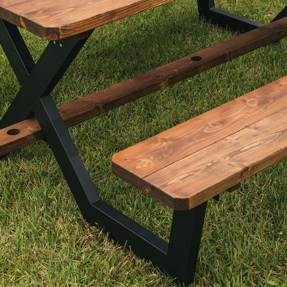 [강철]야외테이블세트 피크닉 나무 가든데크 한쪽등받이 4인월넛색