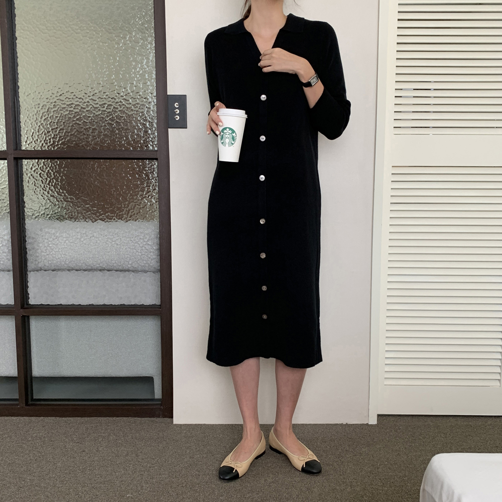 루즈핏 오픈 카라 골지 니트 원피스 롱 원피스 여성 가을 H라인 베이지 블랙