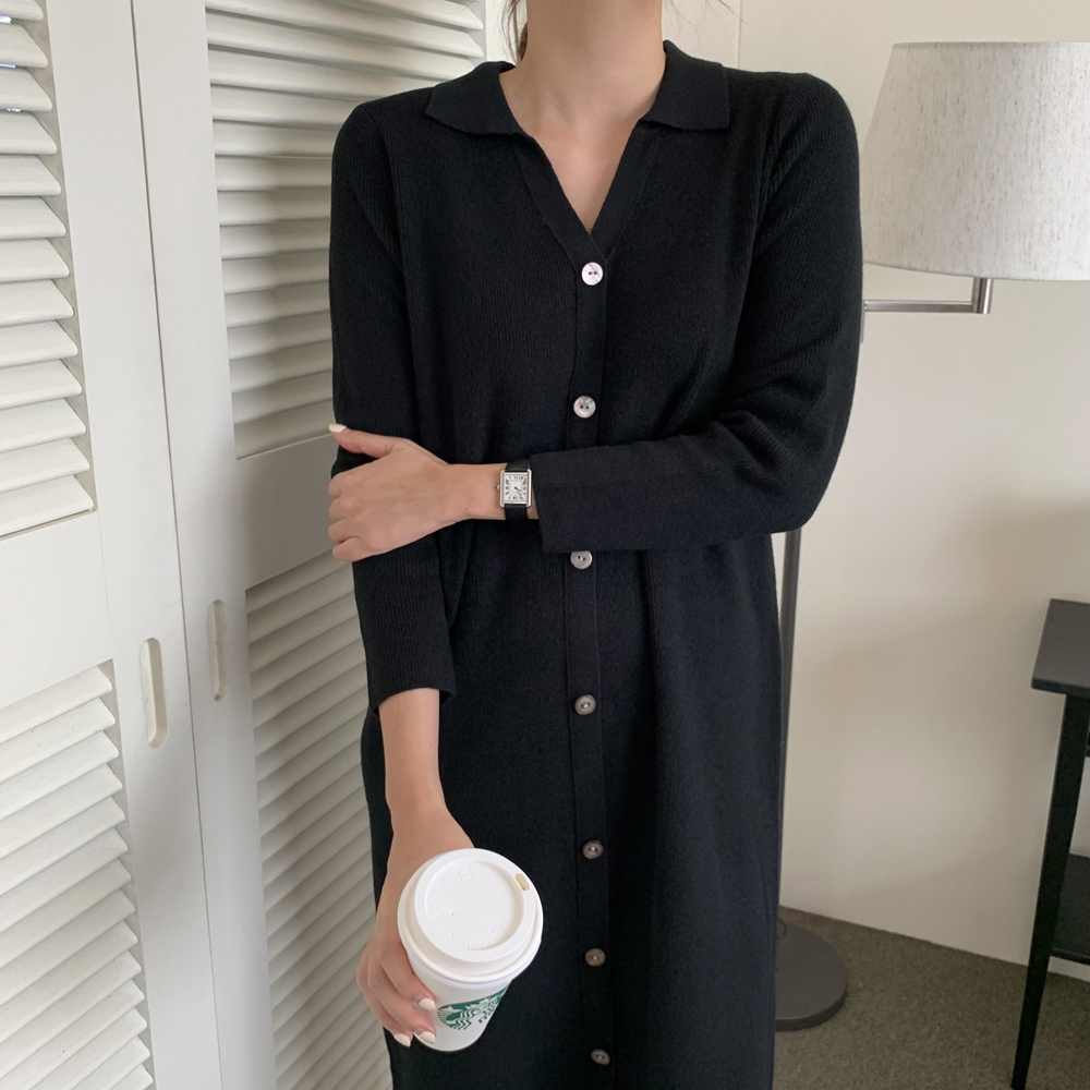 루즈핏 오픈 카라 골지 니트 원피스 롱 원피스 여성 가을 H라인 베이지 블랙