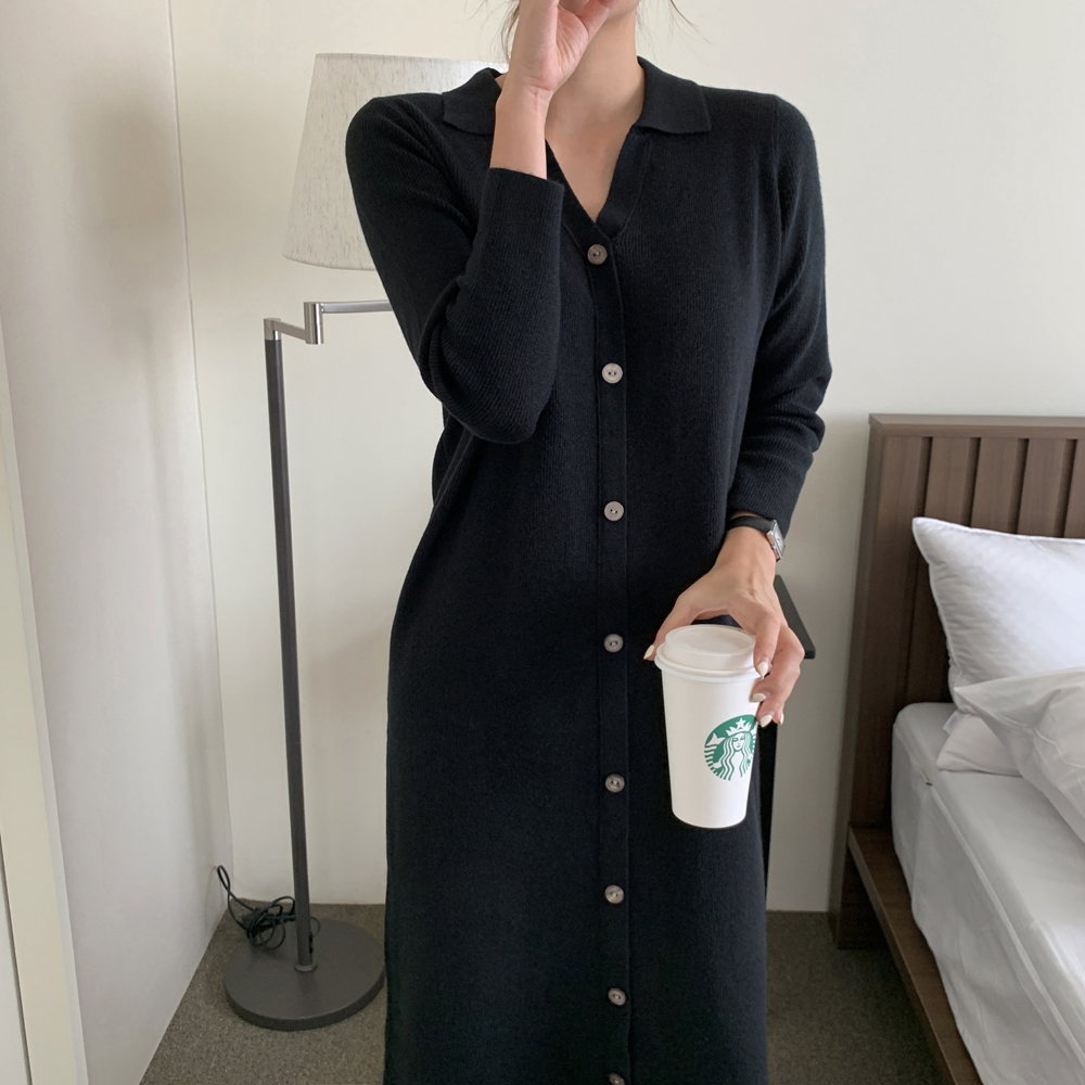 루즈핏 오픈 카라 골지 니트 원피스 롱 원피스 여성 가을 H라인 베이지 블랙