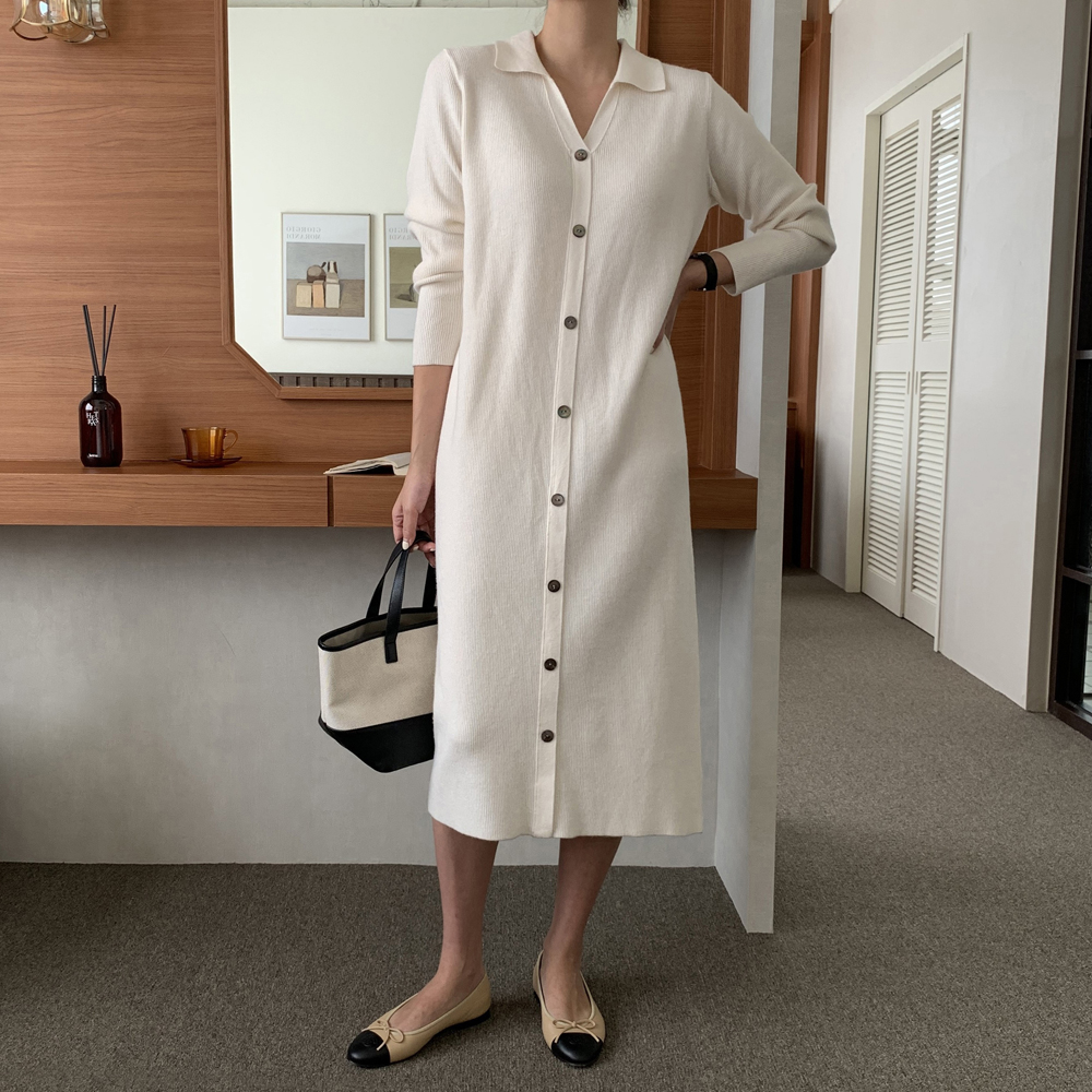 루즈핏 오픈 카라 골지 니트 원피스 롱 원피스 여성 가을 H라인 베이지 블랙