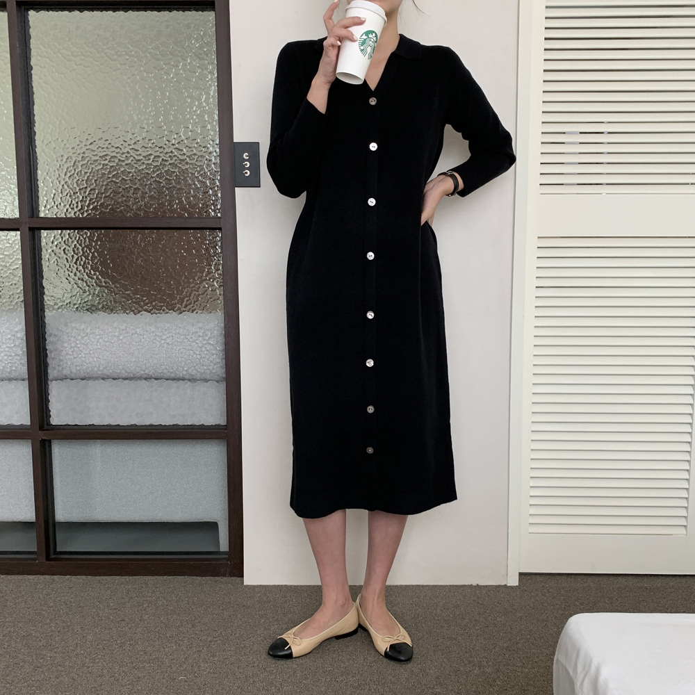 루즈핏 오픈 카라 골지 니트 원피스 롱 원피스 여성 가을 H라인 베이지 블랙