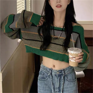 크롭가디건 볼레로 부클 크롭니트 봄 가을 간절기 스트라이프 초록 착용 후기 | 사이즈/핏 총정리 - 상품 이미지 1