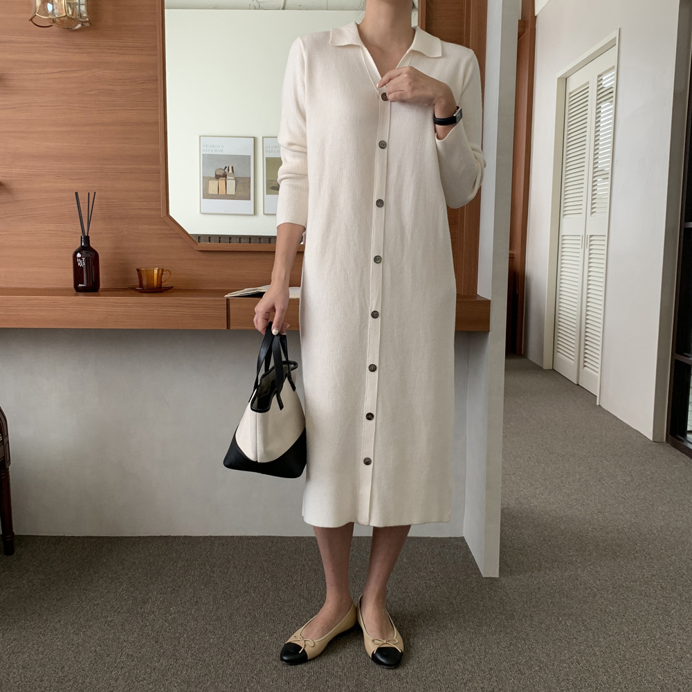 루즈핏 오픈 카라 골지 니트 원피스 롱 원피스 여성 가을 H라인 베이지 블랙