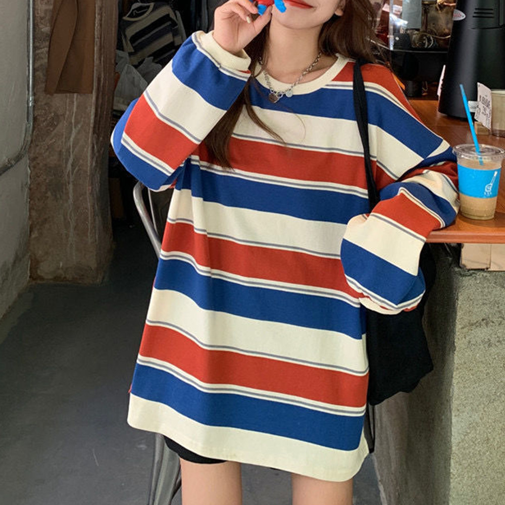 여성맨투맨 스트라이프티셔츠 박스티 봄 여름 가을 롱티 긴팔 루즈핏 오버핏 빅사이즈 이미지 3