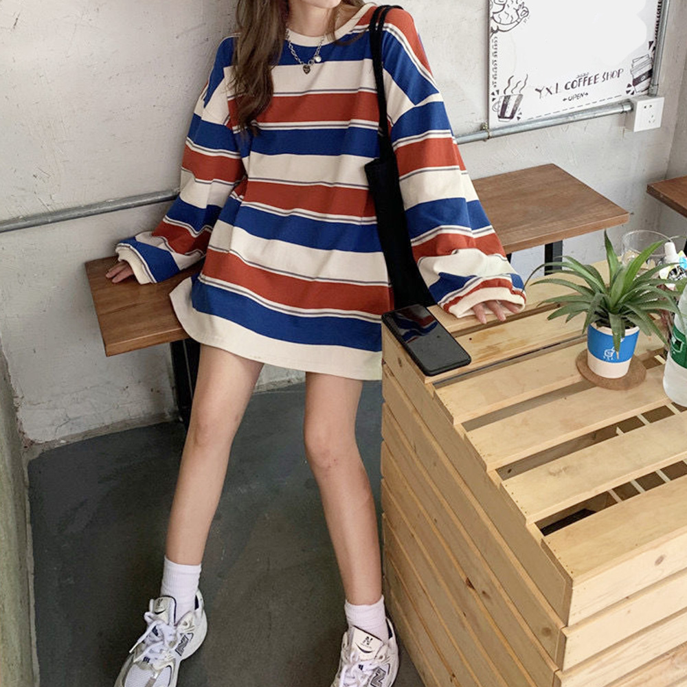 여성맨투맨 스트라이프티셔츠 박스티 봄 여름 가을 롱티 긴팔 루즈핏 오버핏 빅사이즈 이미지 4