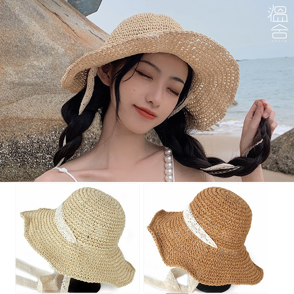 챙넓은 밀짚 모자 레이스 여행 휴가 바캉스 버킷햇 나들이 물놀이 벙거지 - 상품 이미지
