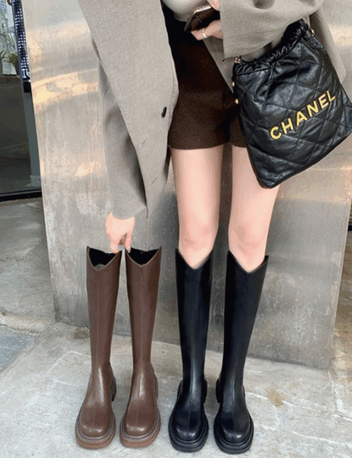 제니 브이컷 웨스턴 롱부츠 통굽 키높이 부츠 - 메인 이미지