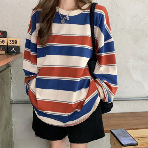 여성맨투맨 스트라이프티셔츠 박스티 봄 여름 가을 롱티 긴팔 루즈핏 오버핏... 착용 후기 | 사이즈/핏 총정리 - 상품 이미지 2
