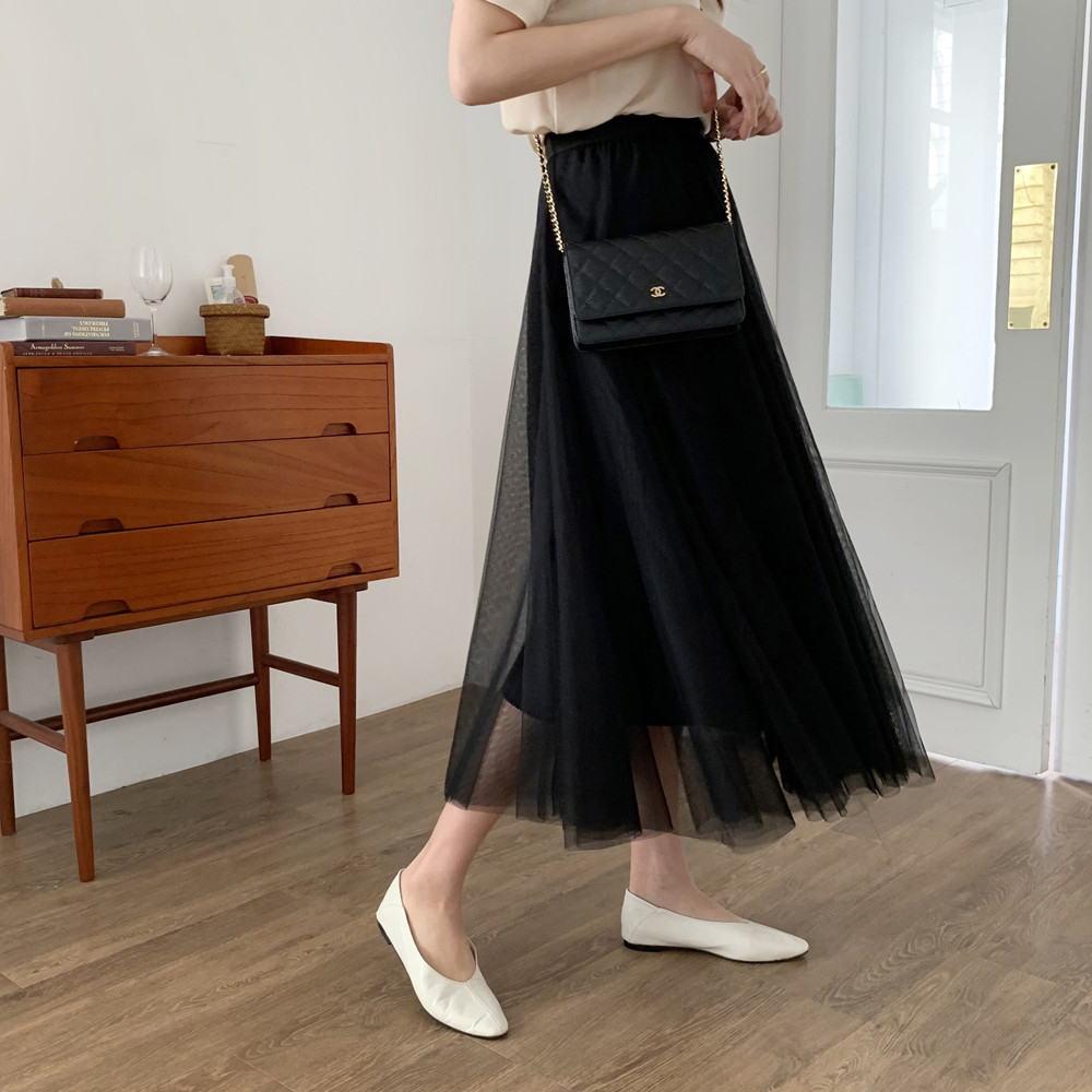 쉬폰 샤스커트 여성 발레리나 3겹 주름 플리츠스커트 플레어치마 A라인 밴딩 롱스커트