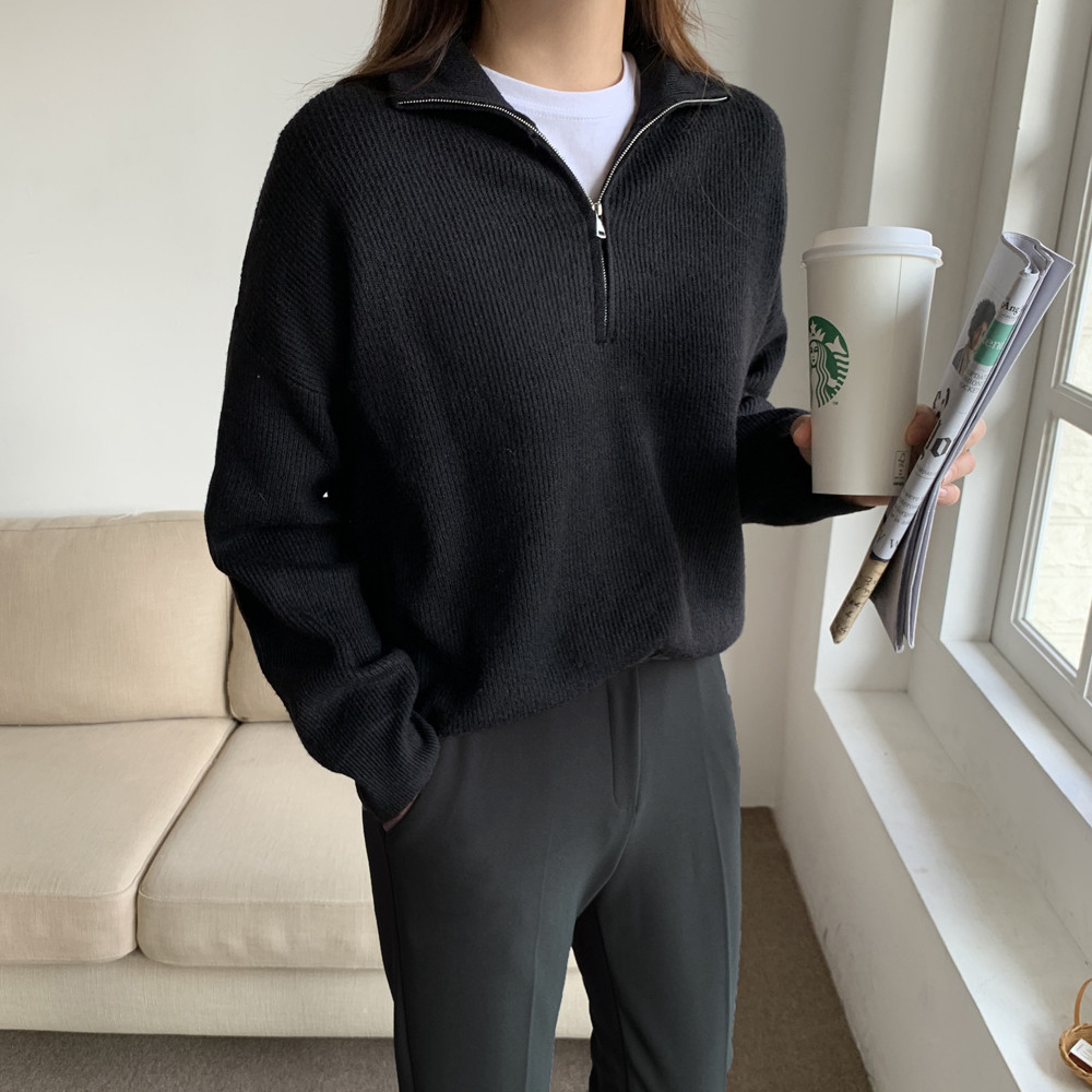 루즈핏 울 반집업 니트 가을 겨울 하이넥 골지니트 하프넥 여성 니트집업