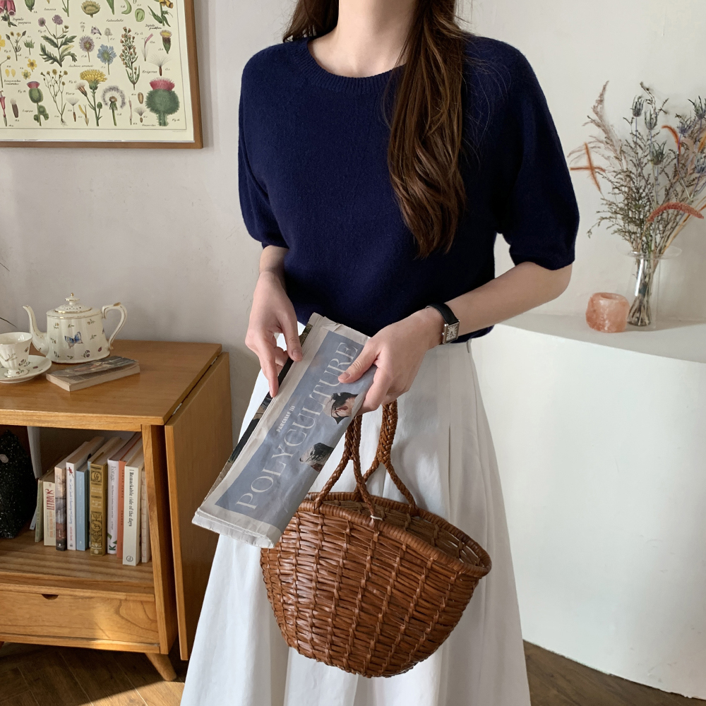 루즈핏 홀가먼트 캐시미어 니트 가을 여자 니트 티 라운드 여성 반팔니트