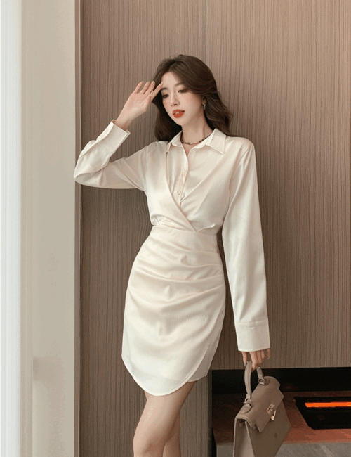 아이럽 셔링 셔츠 랩 원피스 가을 하객룩(2color) - 상품 이미지