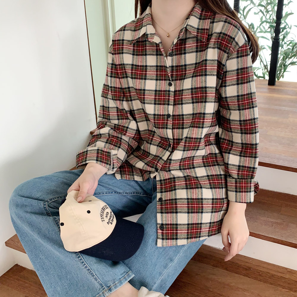 여성 셔츠 여자 체크 남방 피치 기모 가을 겨울 블라우스 루즈핏 셔츠 아이보리 레드 - 상세 이미지 4