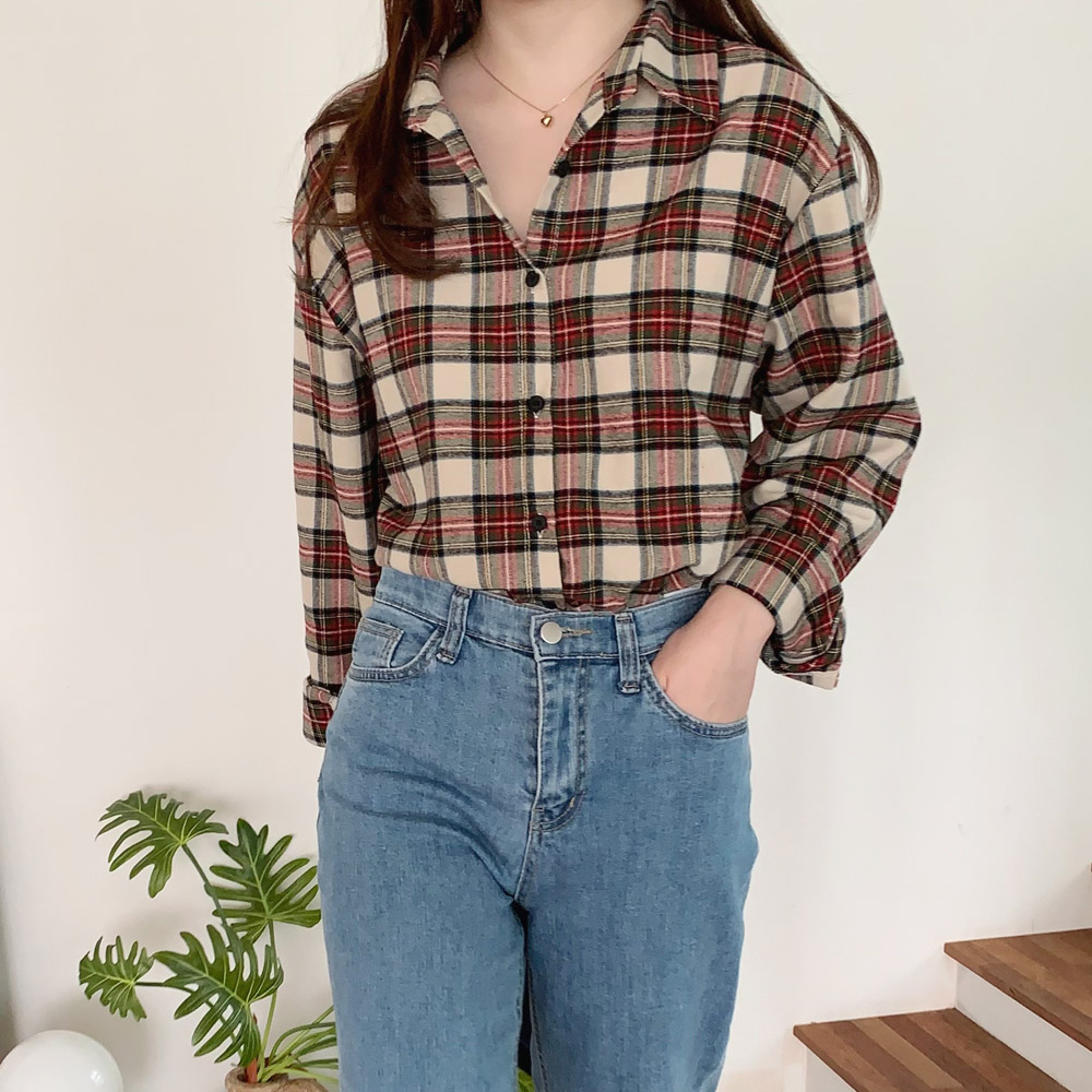여성 셔츠 여자 체크 남방 피치 기모 가을 겨울 블라우스 루즈핏 셔츠 아이보리 레드 이미지 7