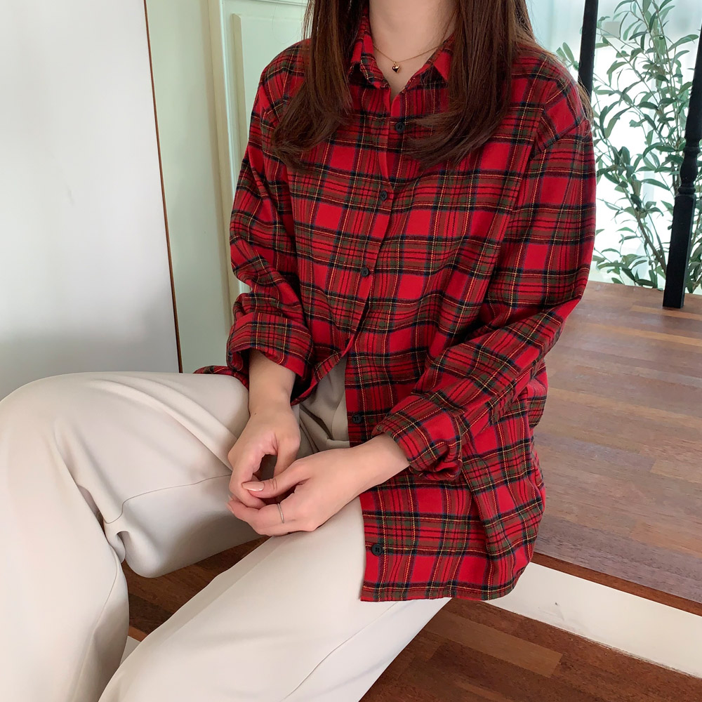 여성 셔츠 여자 체크 남방 피치 기모 가을 겨울 블라우스 루즈핏 셔츠 아이보리 레드 - 상세 이미지 3