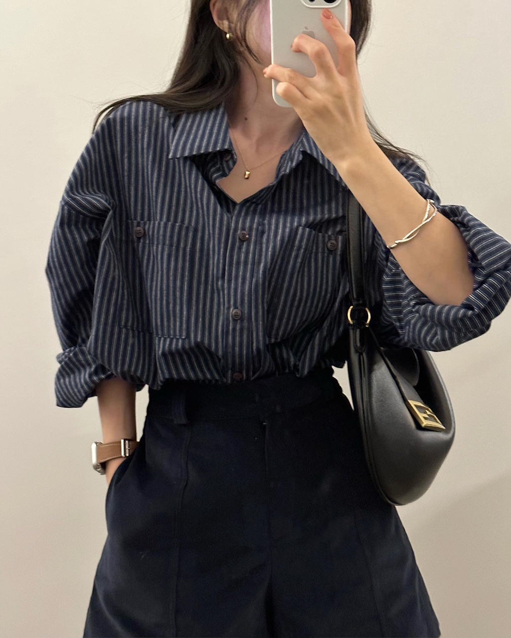 본트 여성 가을 루즈핏 오버핏 스트라이프 포켓 셔츠 이미지 2