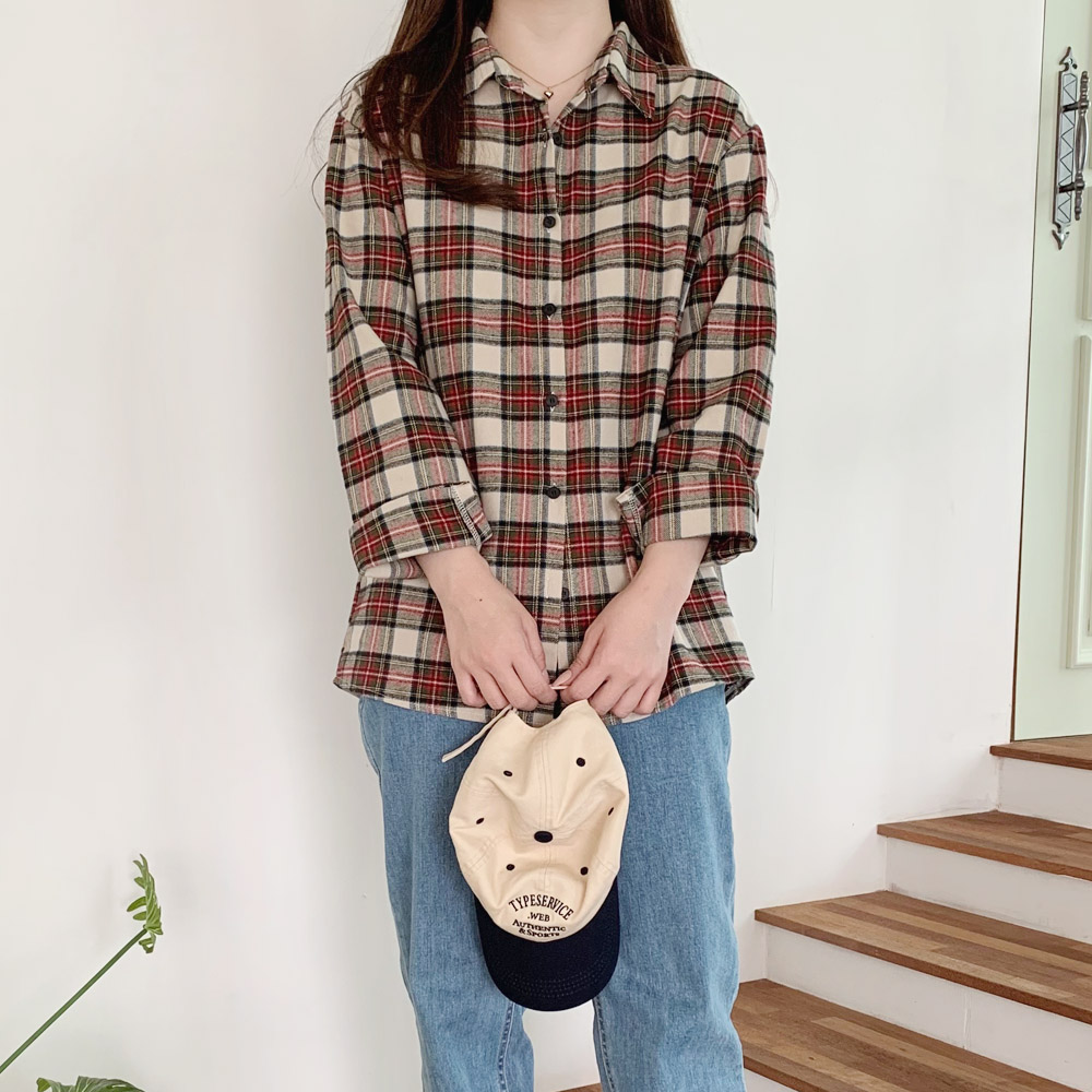 여성 셔츠 여자 체크 남방 피치 기모 가을 겨울 블라우스 루즈핏 셔츠 아이보리 레드 - 상세 이미지 5