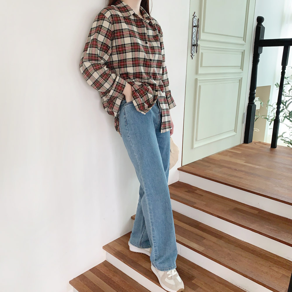 여성 셔츠 여자 체크 남방 피치 기모 가을 겨울 블라우스 루즈핏 셔츠 아이보리 레드 이미지 6