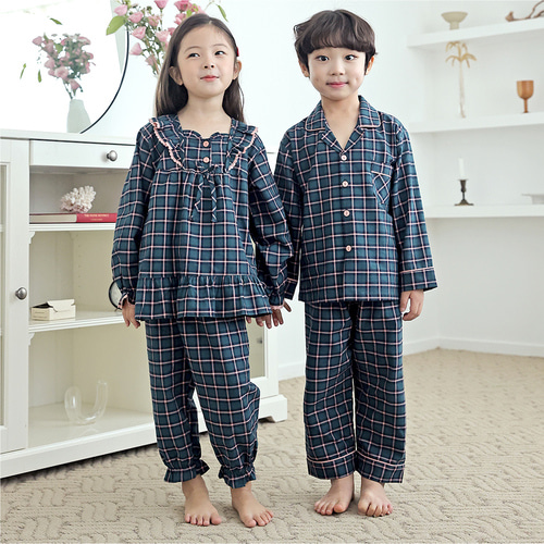 아동 잠옷 유아 어린이 주니어 남아 여아 체크 파자마 그린체크(선염면) - 상세 이미지 2