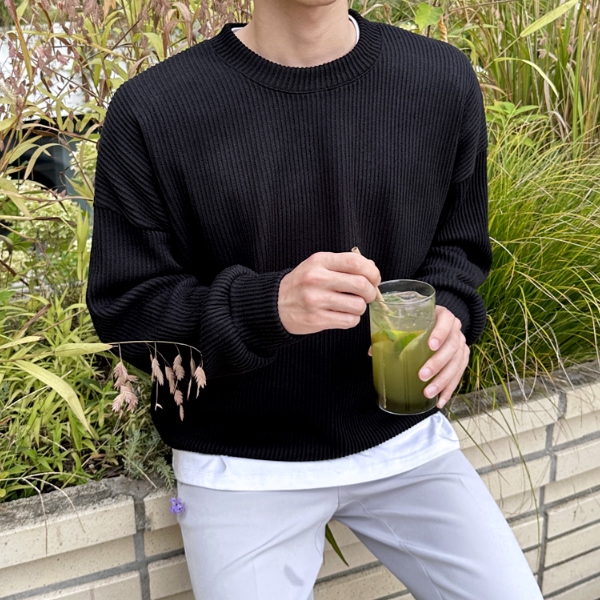 1+1 남자 프라이 오버핏 봄 가을 골지 라운드 맨투맨 이미지 2