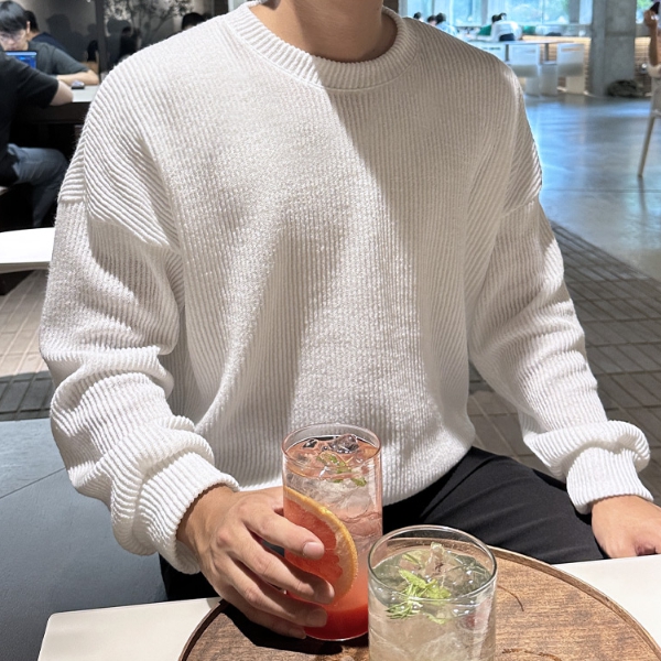 1+1 남자 프라이 오버핏 봄 가을 골지 라운드 맨투맨 - 상품 이미지